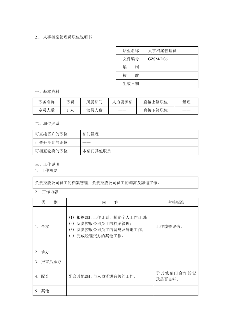 人事档案管理员职位说明书.doc 第1页