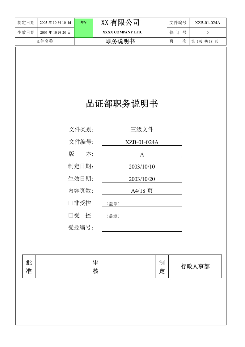 品质部职务说明书.doc 第1页