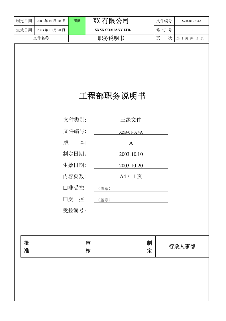 工程部职务说明书.doc 第1页