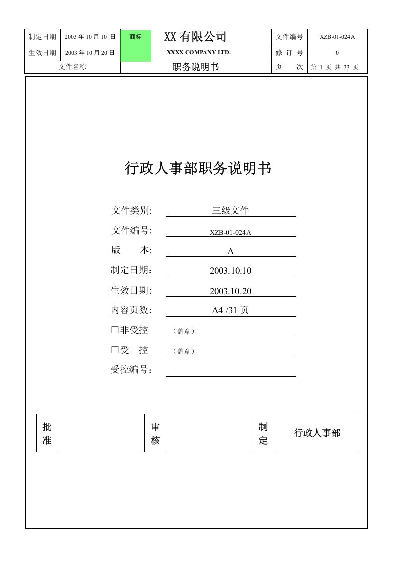 行政人事部职务说明书.doc 第1页