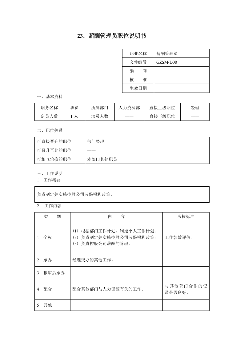 薪酬管理员职位说明书.doc 第1页