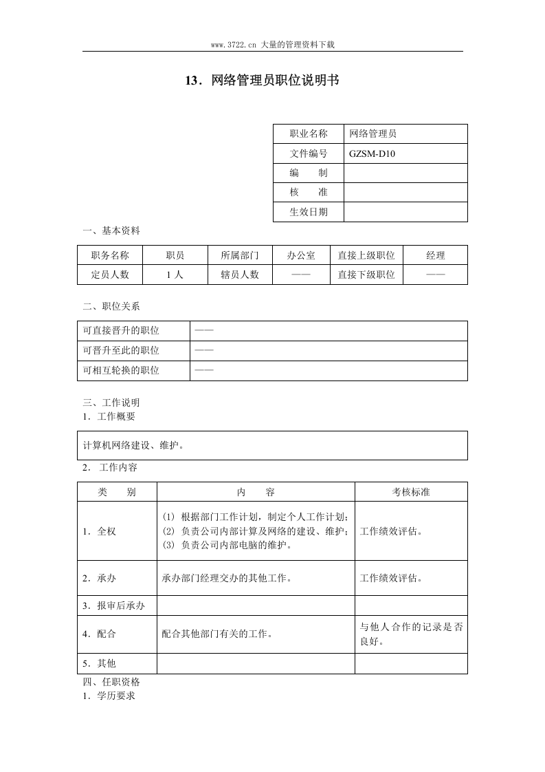 网络管理员职位说明书.doc 第1页