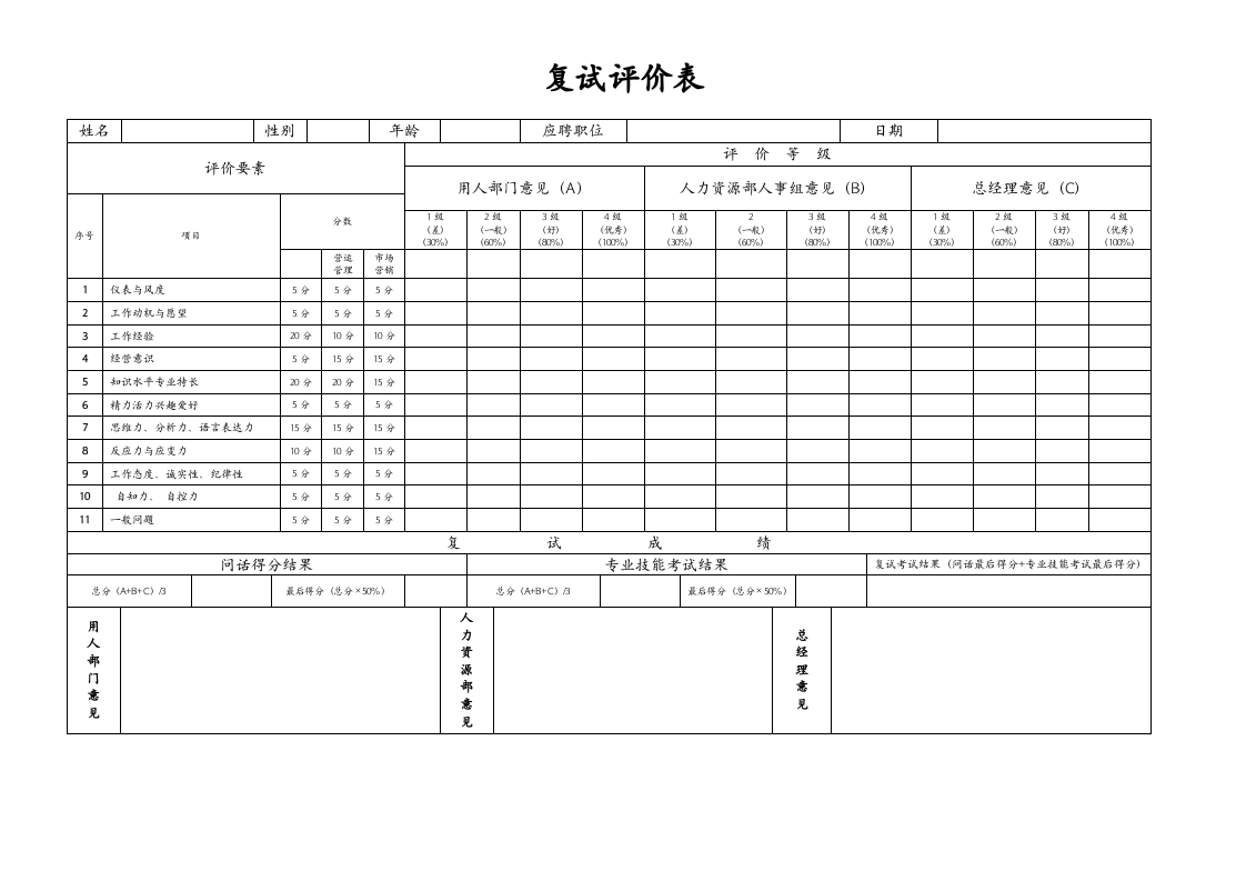 【面试】复试评价表.doc 第1页