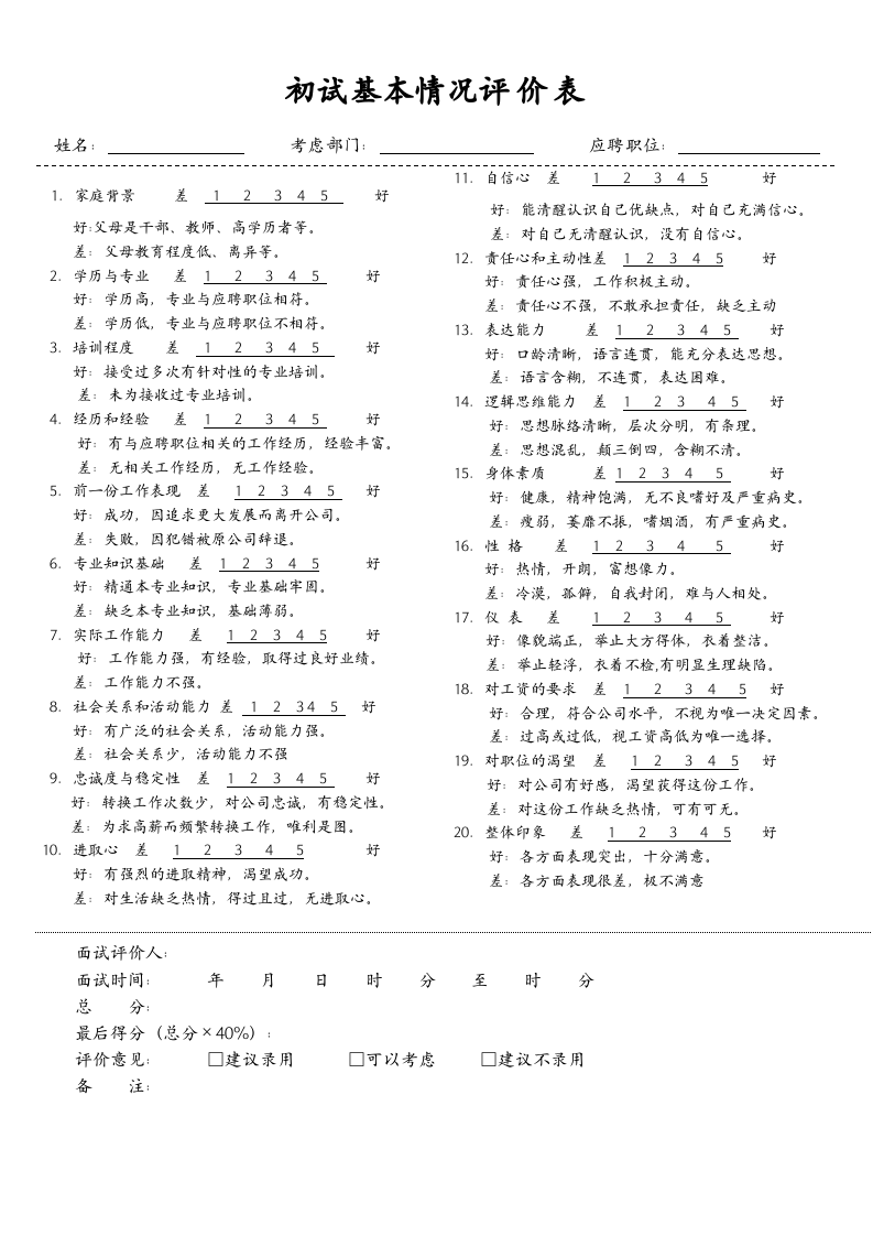 【面试】初试基本情况评价表.doc 第1页