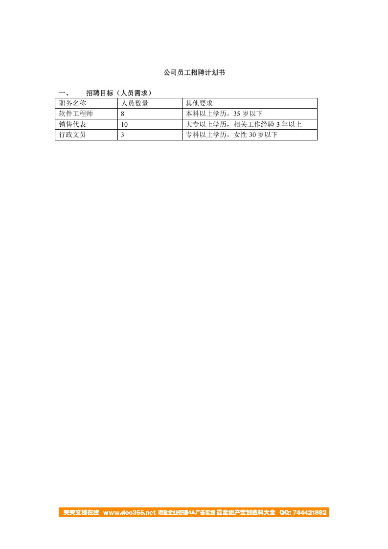 【模板】公司员工招聘计划书.doc 第1页