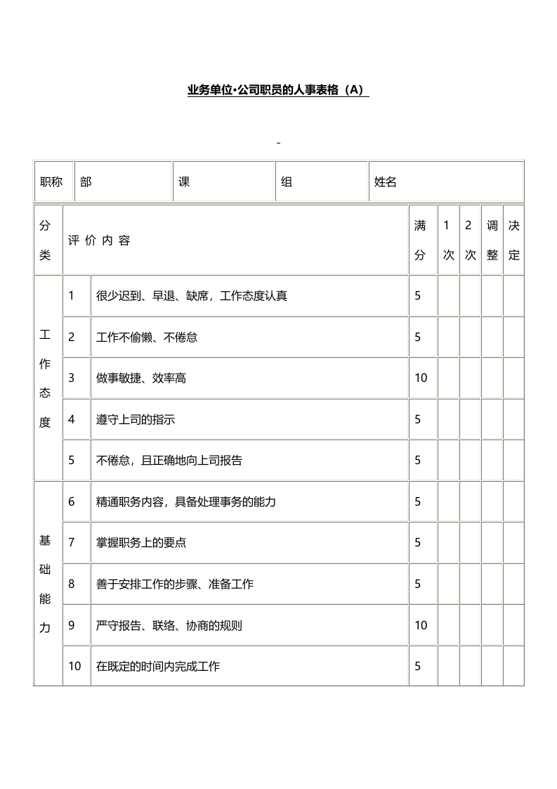 业务单位_公司职员的人事表格（A）.docx 第1页