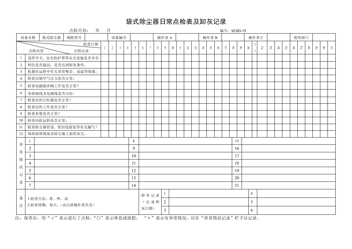 12.袋式除尘器日常点检表.doc 第1页