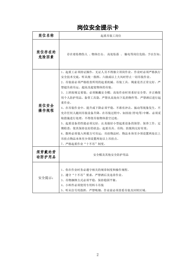22岗位安全提示卡--（安全文库：chaojikaona.cn）.doc 第4页
