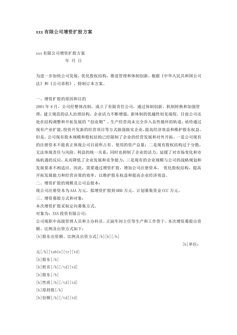 xxx有限公司增资扩股方案.doc 第1页
