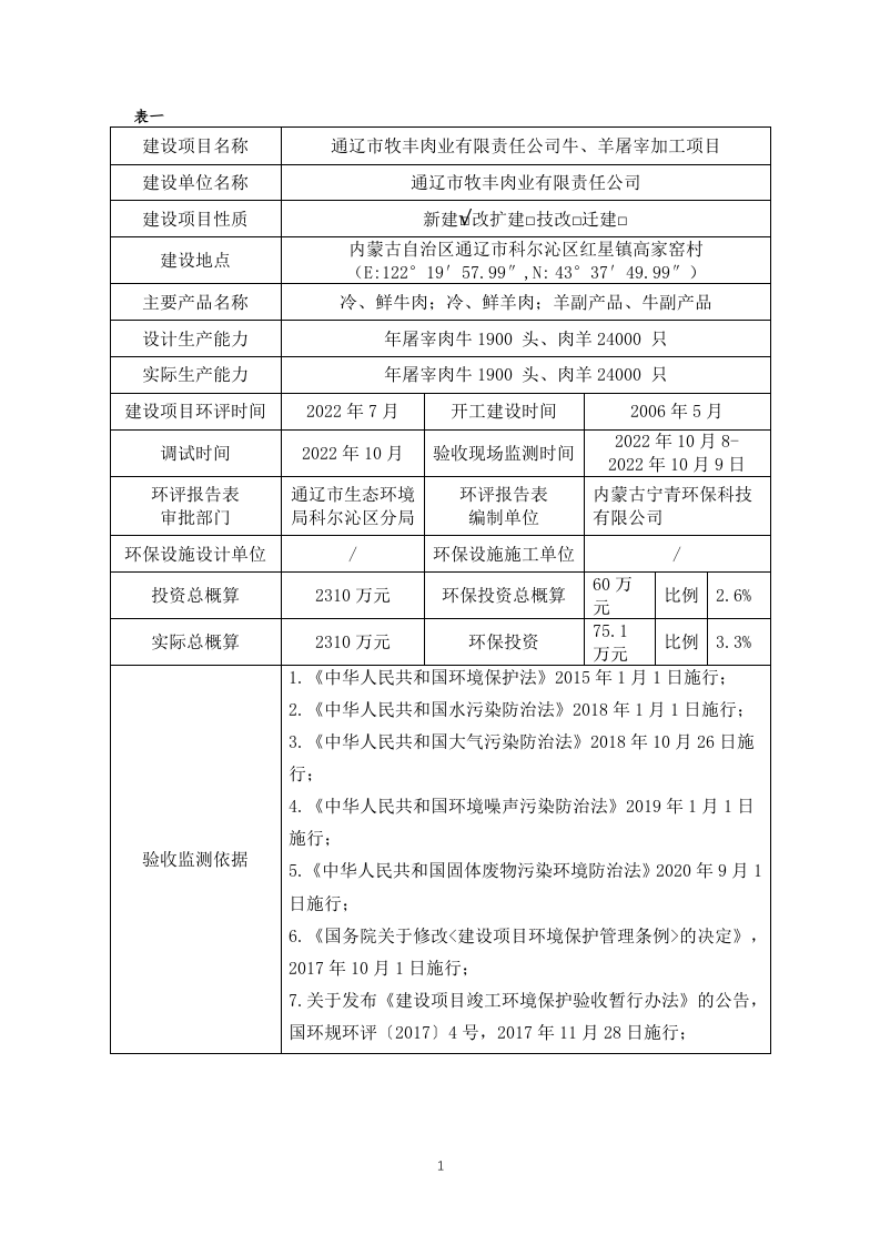 通辽市牧丰肉业有限责任公司牛、羊屠宰加工项目竣工环保验收报告.docx 第1页