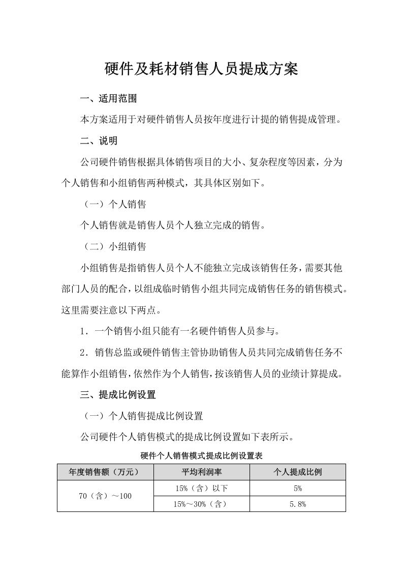 硬件及耗材销售人员提成方案.docx 第1页