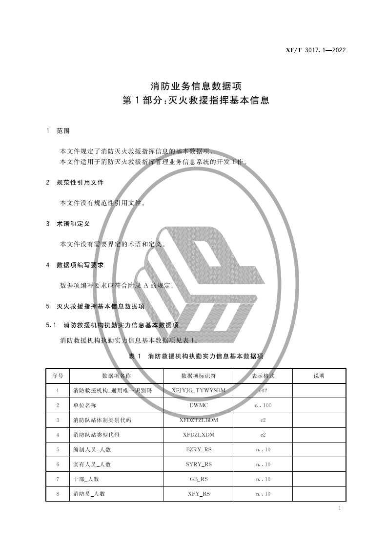 XF T 3017.1&mdash;2022消防业务信息数据项第1部分：灭火救援指挥基本信息.pdf 第5页