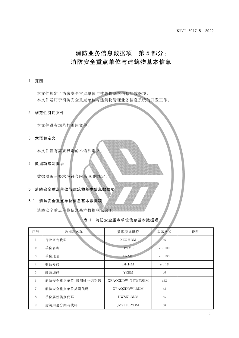 XF T 3017.5&mdash;2022消防业务信息数据项第5部分：消防安全重点单位与建筑物基本信息.pdf 第5页