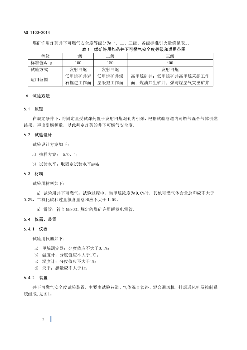 AQ 1100&mdash;2014 煤矿许用炸药井下可燃气安全度试验方法和判定规则.doc 第6页