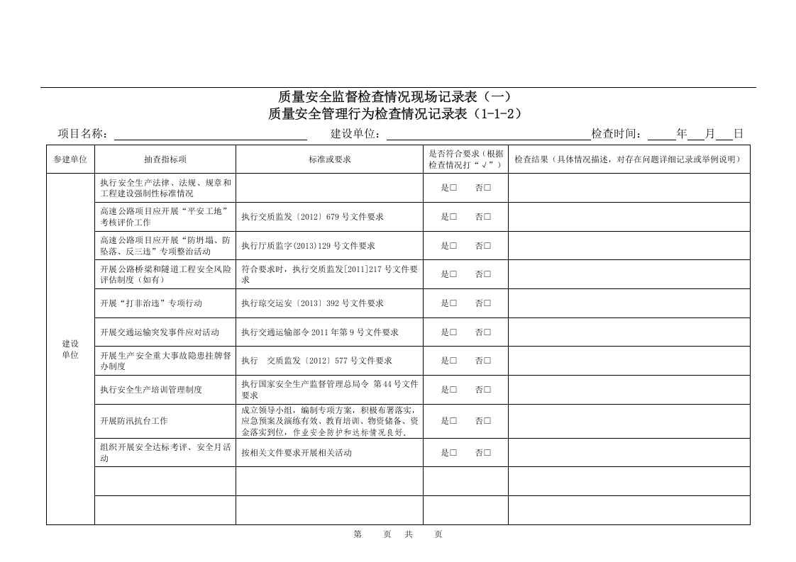 公路水运工程项目质量安全管理行为检查记录表12页.docx 第3页