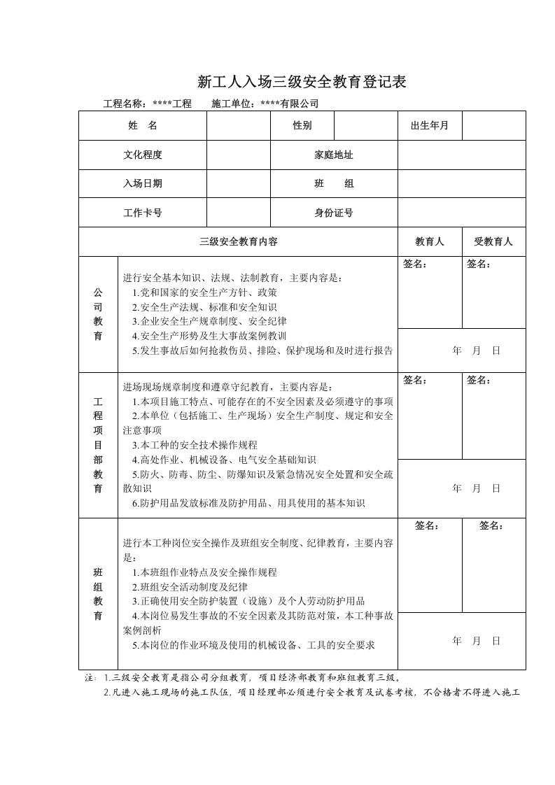全套三级安全教育记录及表格.docx 第2页