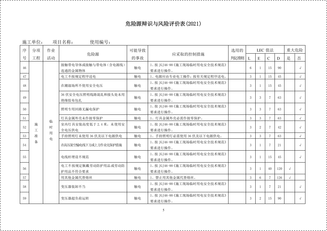 建筑施工单位危险源辩识与风险评价表(52页).docx 第5页