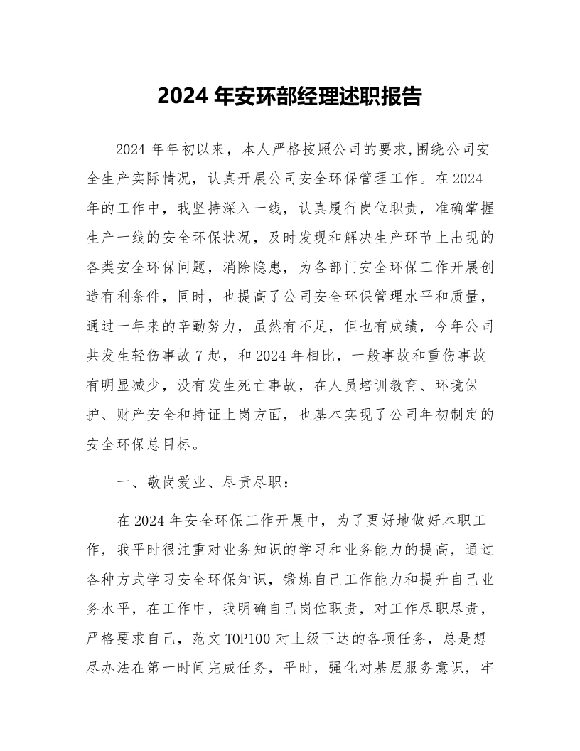 【述职】2024安环部经理述职报告（14页）.docx 第1页