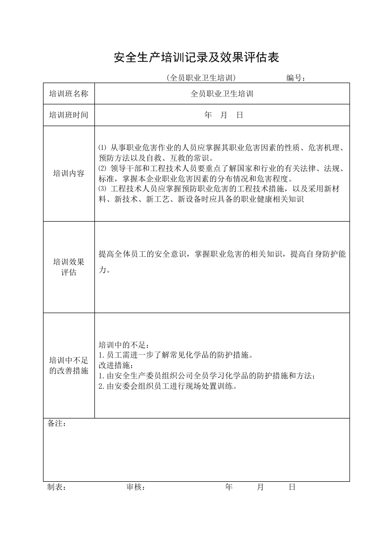 【安全教育档案（13）】安全培训记录效果评估表（全员职业卫生培训）.docx 第1页