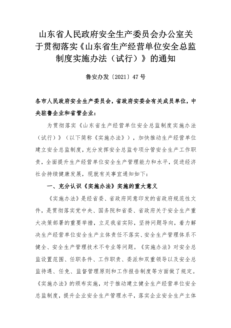 【安全总监文件】山东省关于贯彻落实《山东省生产经营单位安全总监制度实施办法（试行）》的通知.docx 第1页