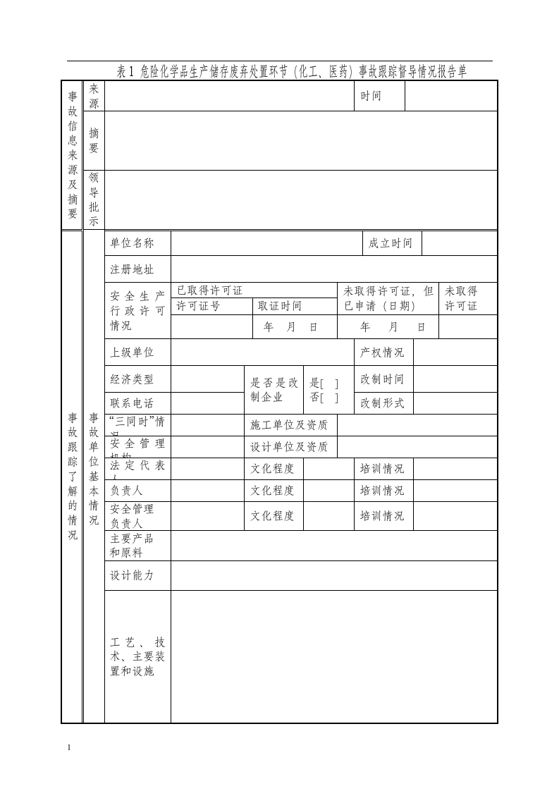表1 危险化学品生产储存废弃处置环节（化工、医药）事故跟踪督导情况报告单.docx 第1页